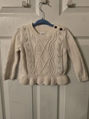 GAP Cream Cable Knit Ruffle Hem Sweater with Shoulder Buttons